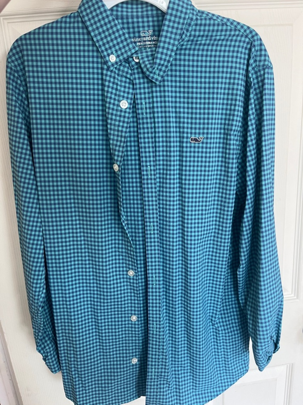 Vineyard Vines Boys Size L (16) Turquoise Gingham Button-Down Shirt